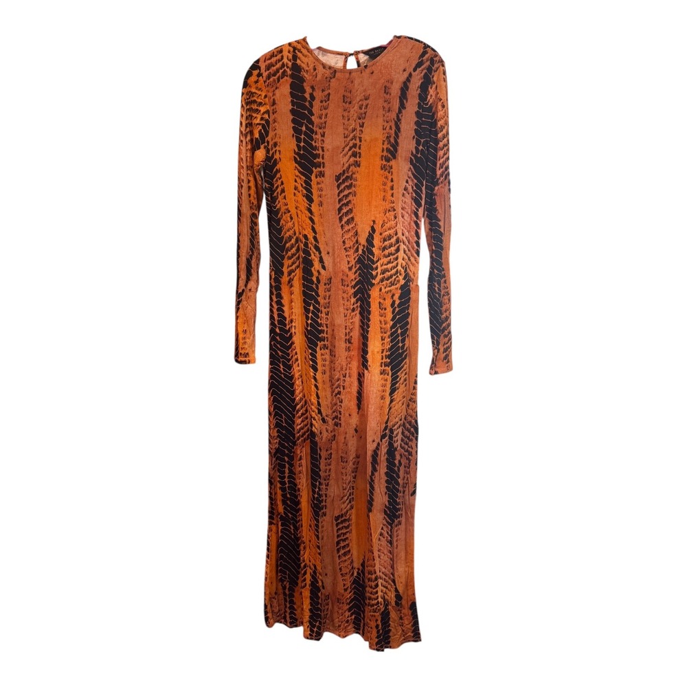 Ted‎ Baker London Dress Size 2 Orange Black Animal Print Long Sleeve Maxi